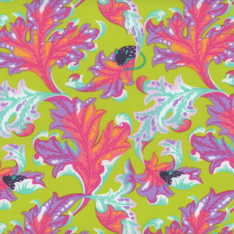 chartreuse fabric featuring twirling white, aqua, purple, and pink leaves with little navy blue and aqua mice hiding amidst the leaves