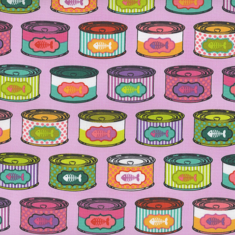 vivid pink fabric featuring rows of brightly colored fish cat food cans, in the style of Andy Warhol