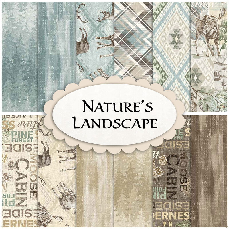 Collage of fabrics in Nature's Landscape in shades of brown, tan, and light blue