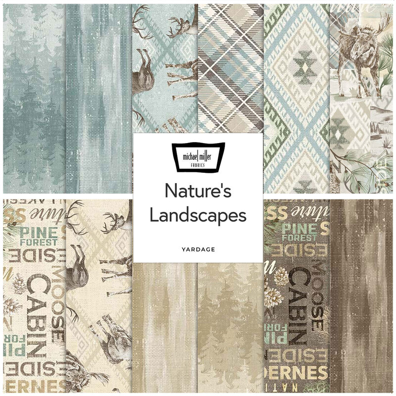 Collage of fabrics in Nature's Landscape in shades of brown, tan, and light blue