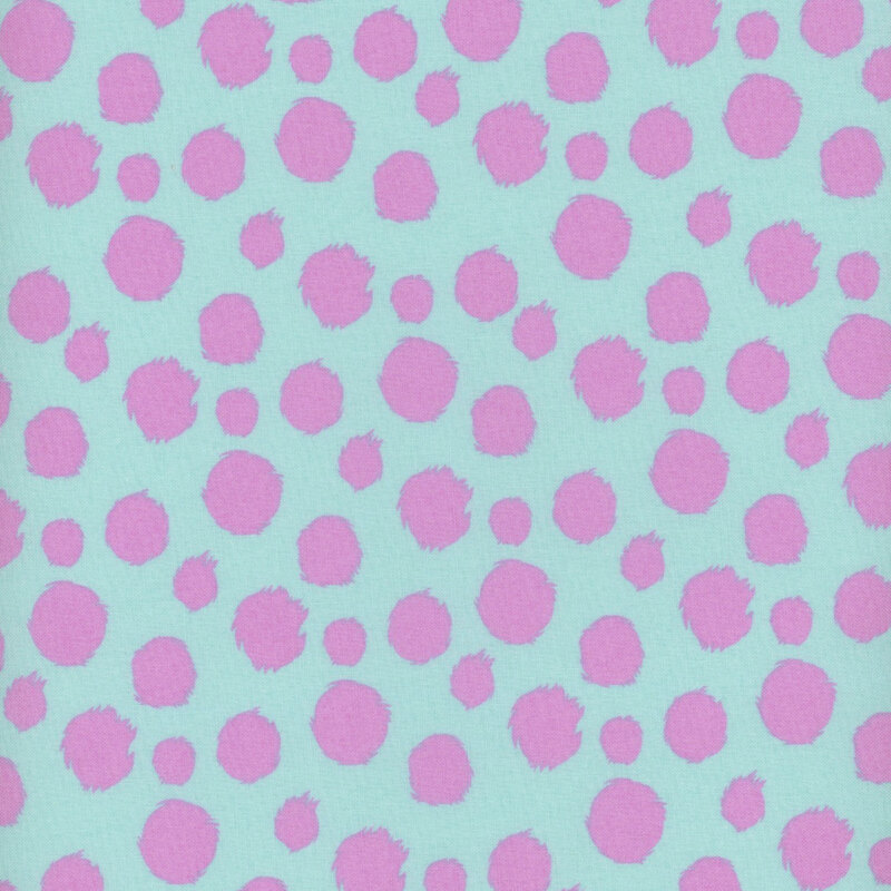 bright aqua fabric featuring scattered fuzzy purple dots