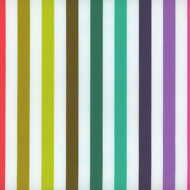 white fabric featuring a bright rainbow of different colored stripes