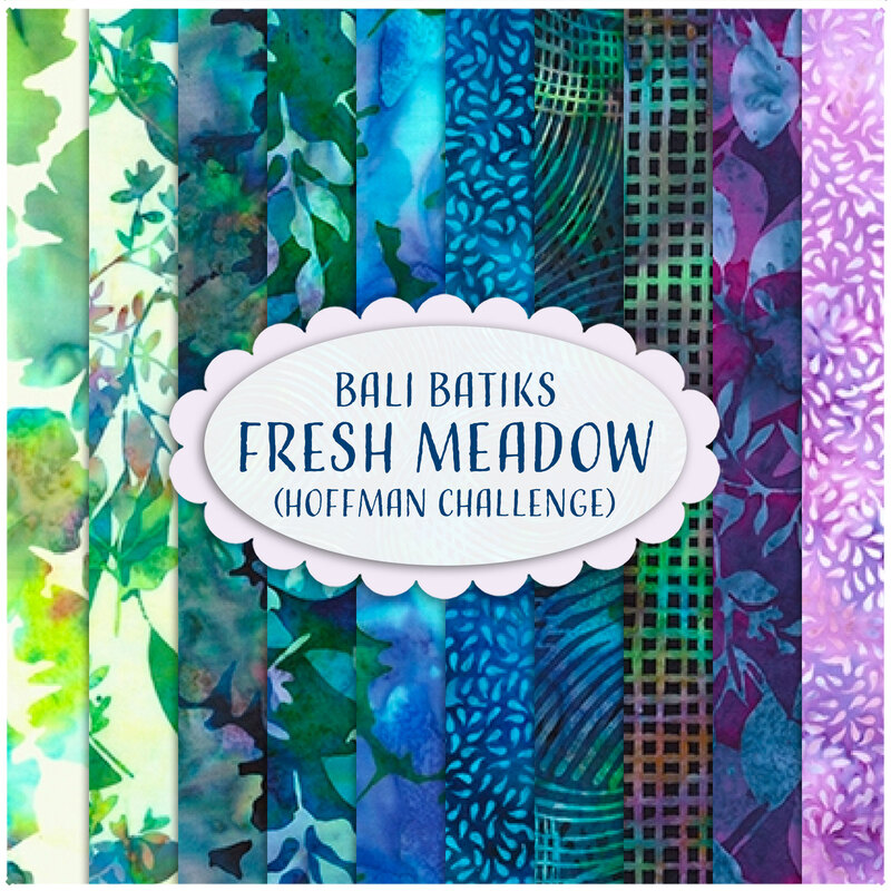 collage of all the Hoffman Challenge Fresh Meadow Fabric from Bail Batiks in lovely purples, blues, greens, and aquas