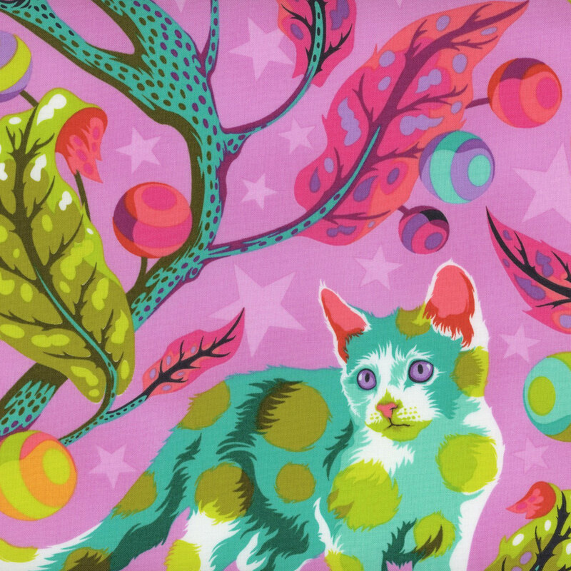 bright pink fabric featuring a large print of teal branches growing striped ball toys, tonal pink stripes, and colorful spotted cats scattered throughout the leaves
