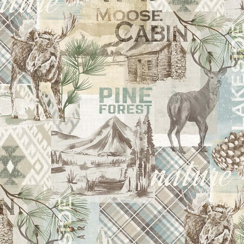 blue, white gray and tan fabric featuring wilderness animals, words, and elements