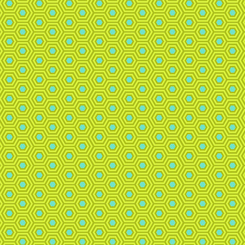 beautiful bright lime green fabric with darker green hexagonal honeycomb pattern, accented with a vivid teal center
