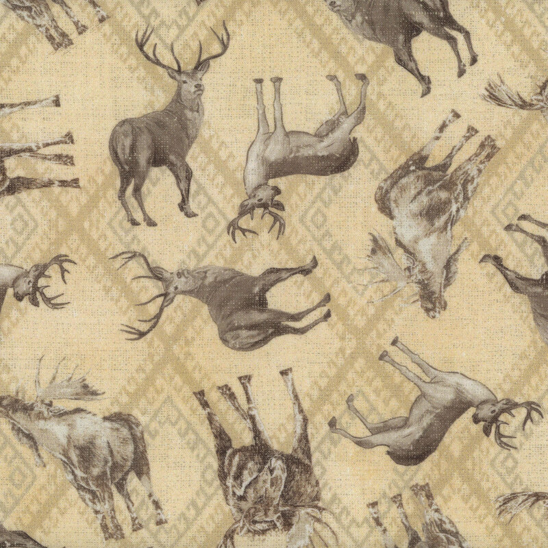 Tan fabric featuring a diamond pattern tossed with moose and deer