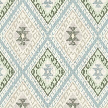 diamond patterned fabric in blue, white, tan and green