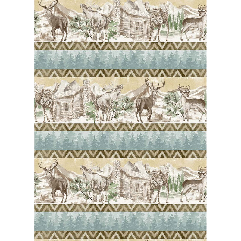 border stripe fabric featuring moose, deer, and a cabin in the wilderness