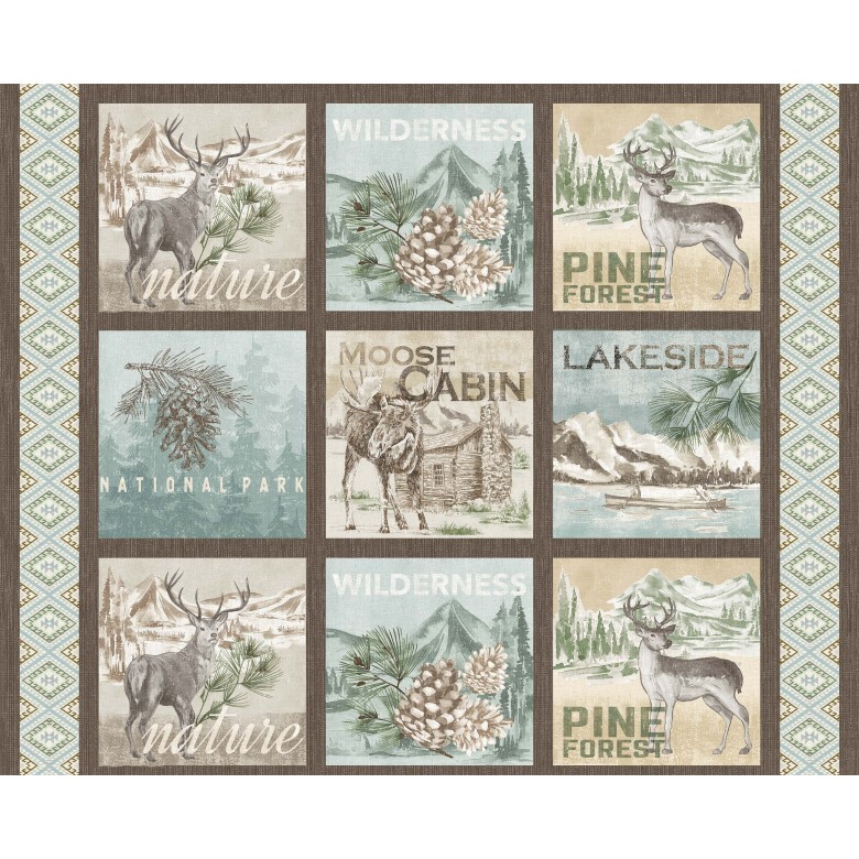 fabric panel featuring moose, deer, and wilderness elements and words