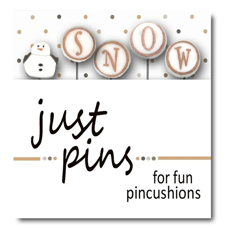 A digital mockup of the packaging for the pins, showing a snowman and four pins that spell out the word 