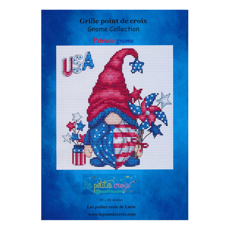 Front of pattern showing a digitized version of the finished project, featuring a gnome decorated in patriotic colors