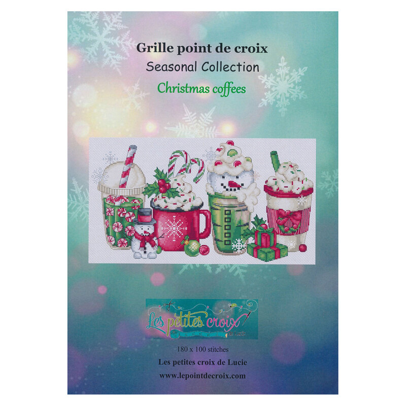 Front of pattern showing a digitized version of the finished project, featuring Christmas coffees with whip cream, candy and snowmen