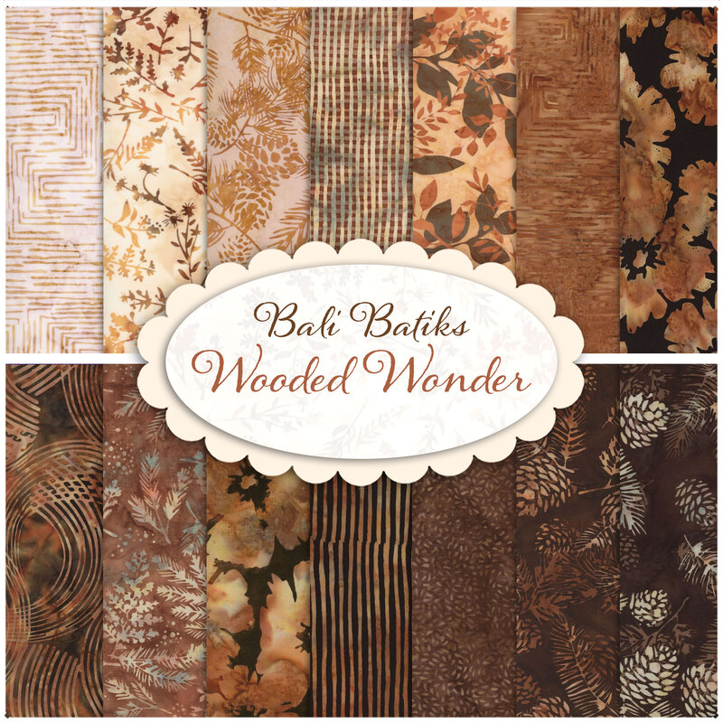 collage of all fabrics in the wooded wonder collection in rich shades of cream, brown, and tan