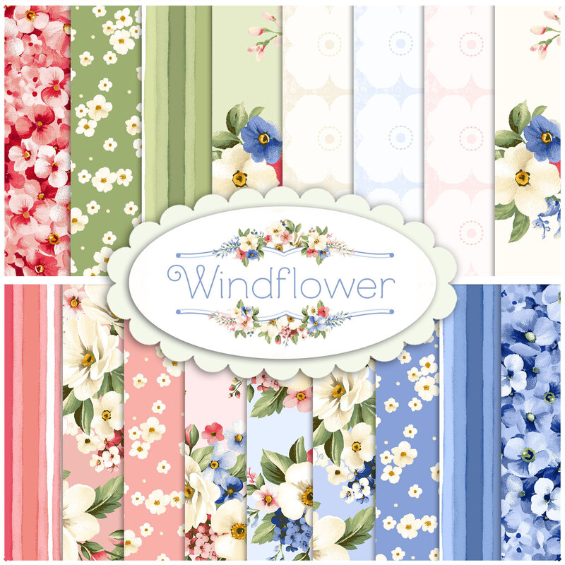 Collage image of fabrics included in the Windflower collection
