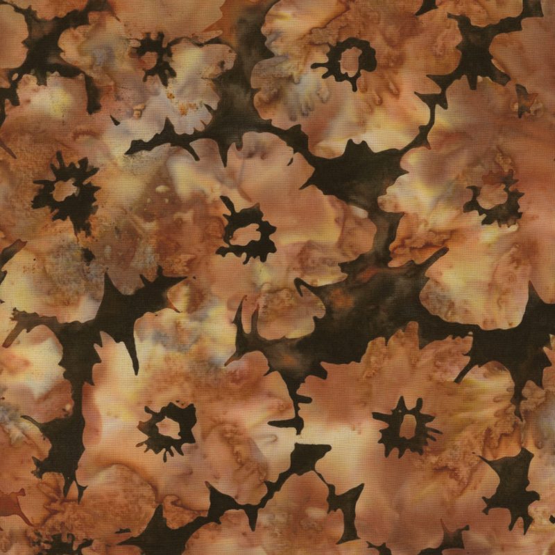 lovely brown mottled batik fabric featuring scattered tan and brown mottled flowers