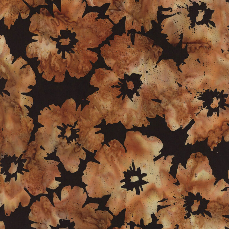 lovely black batik fabric featuring scattered tan and brown mottled flowers