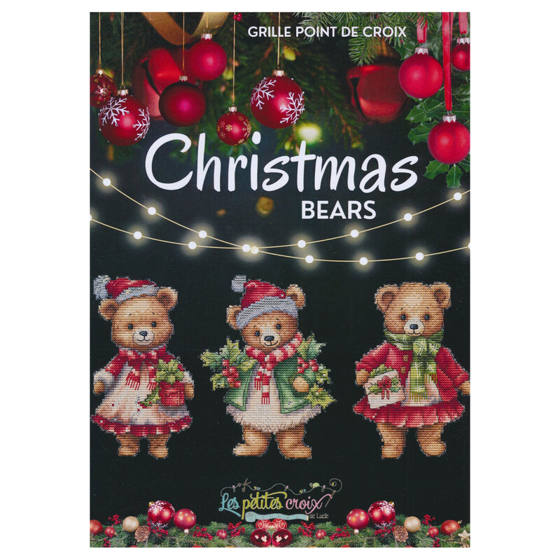 Front of pattern showing a digitized version of the finished project, featuring Christmas bears dressed up holding presents