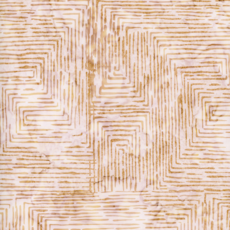 lovely cream mottled batik fabric featuring a thin tan and brown mottled maze of lines in a rectangular pattern