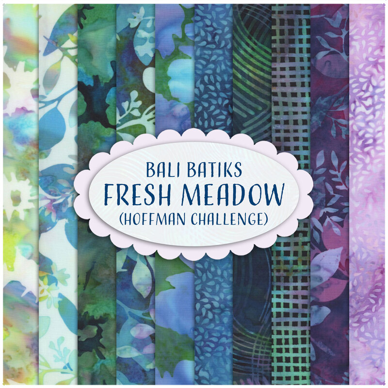 collage of all the Hoffman Challenge Fresh Meadow Fabric from Bail Batiks in lovely purples, blues, greens, and aquas