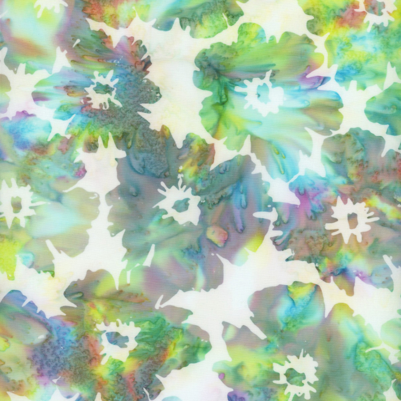 lovely cream batik fabric featuring scattered flowers with aqua, blue, green, red, and purple mottling