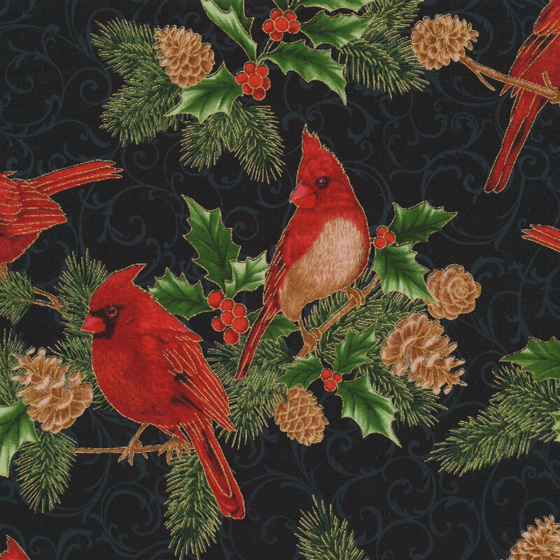lovely black fabric featuring tonal background scrolling and scattered fir branches with pinecones, holly, red cardinals, and metallic gold accenting