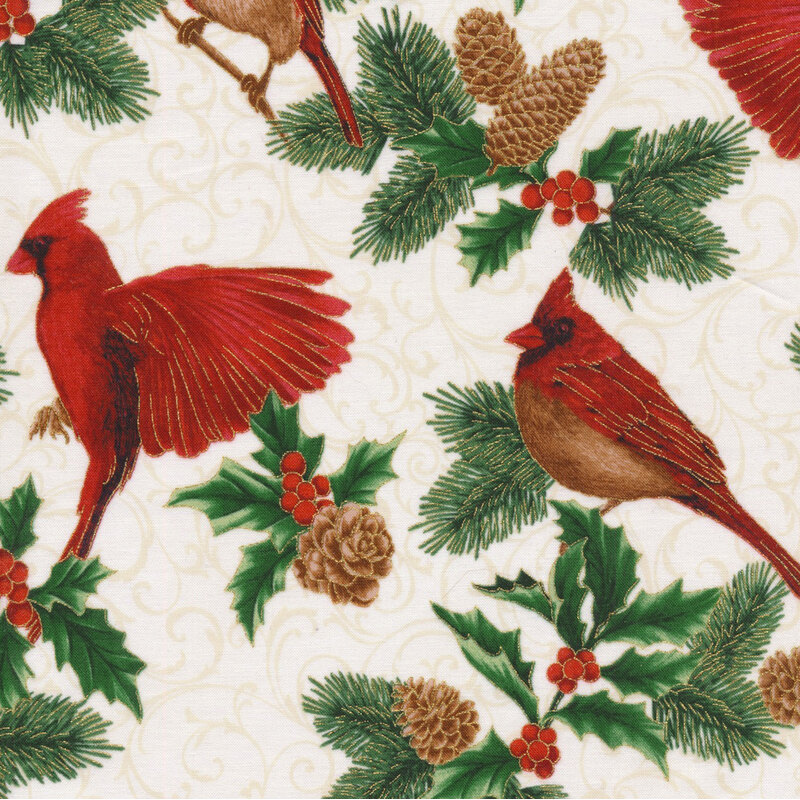 lovely light cream fabric featuring tonal background scrolling and scattered fir branches with pinecones, holly, red cardinals, and metallic gold accenting