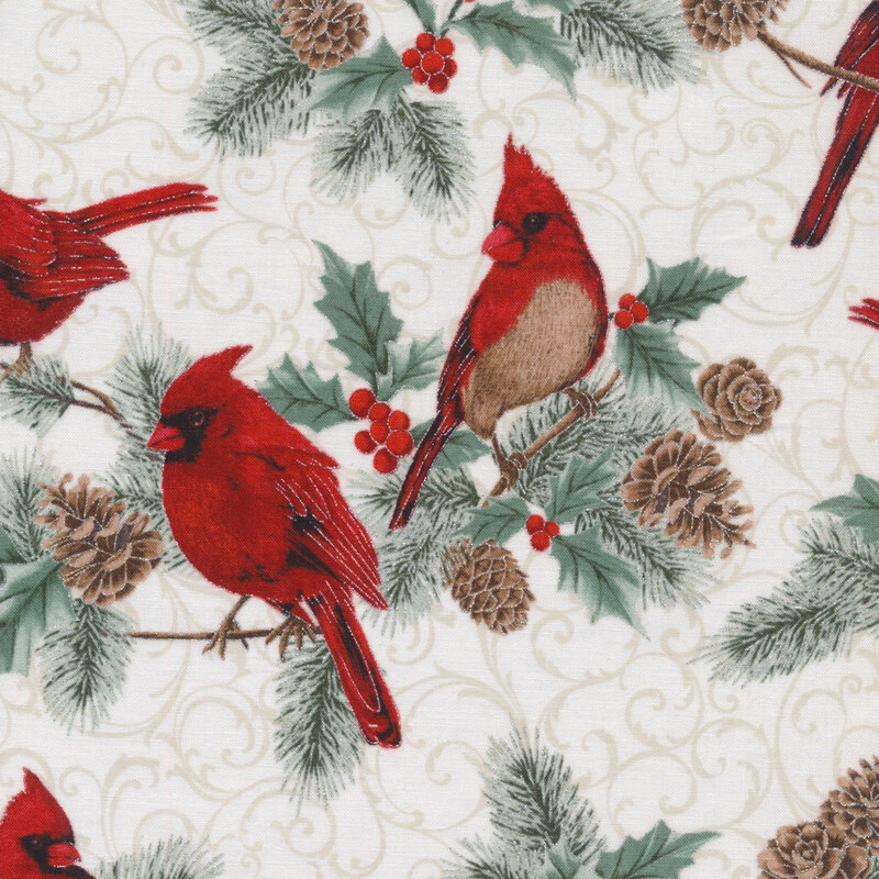 lovely off white fabric featuring tonal background scrolling and scattered fir branches with pinecones, holly, red cardinals, and metallic silver accenting