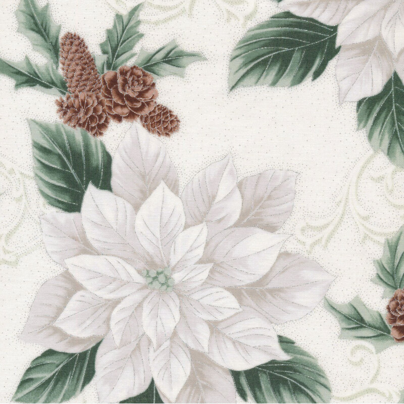 beautiful off white fabric featuring scattered white poinsettias, pinecones, tonal filigree, and metallic silver accenting
