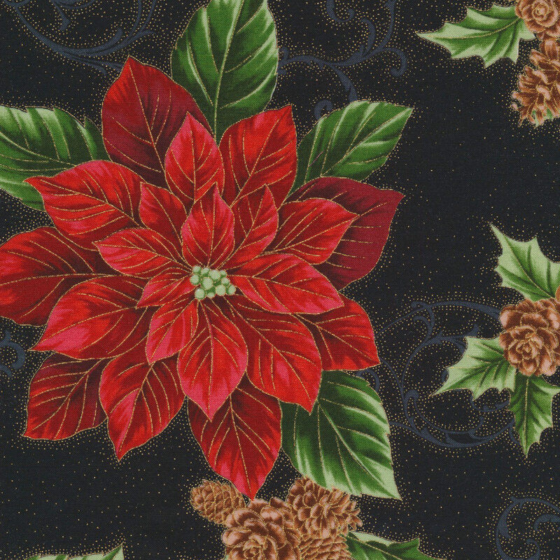 beautiful black fabric featuring scattered red poinsettias, pinecones, tonal filigree, and metallic gold accenting