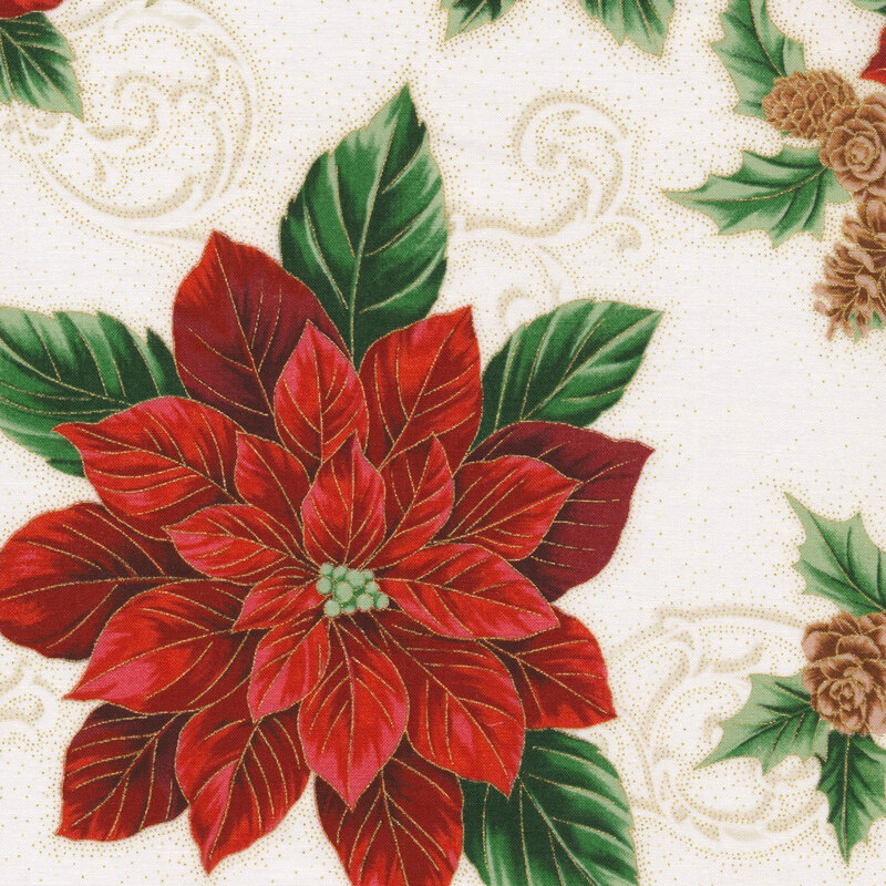 beautiful light cream fabric featuring scattered red poinsettias, pinecones, tonal filigree, and metallic gold accenting
