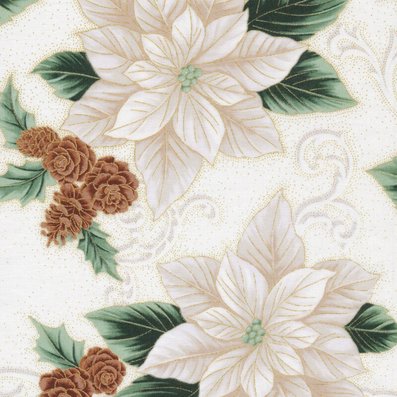beautiful light cream fabric featuring scattered white poinsettias, pinecones, tonal filigree, and metallic gold accenting