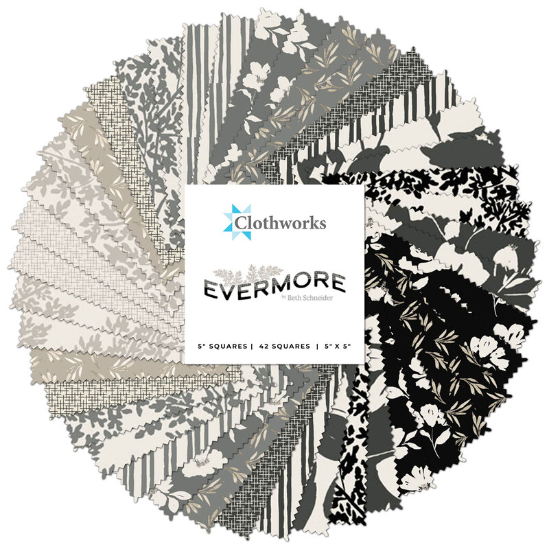 Collage of gray, cream, black, and white patterned fabrics included in the Evermore Collection.