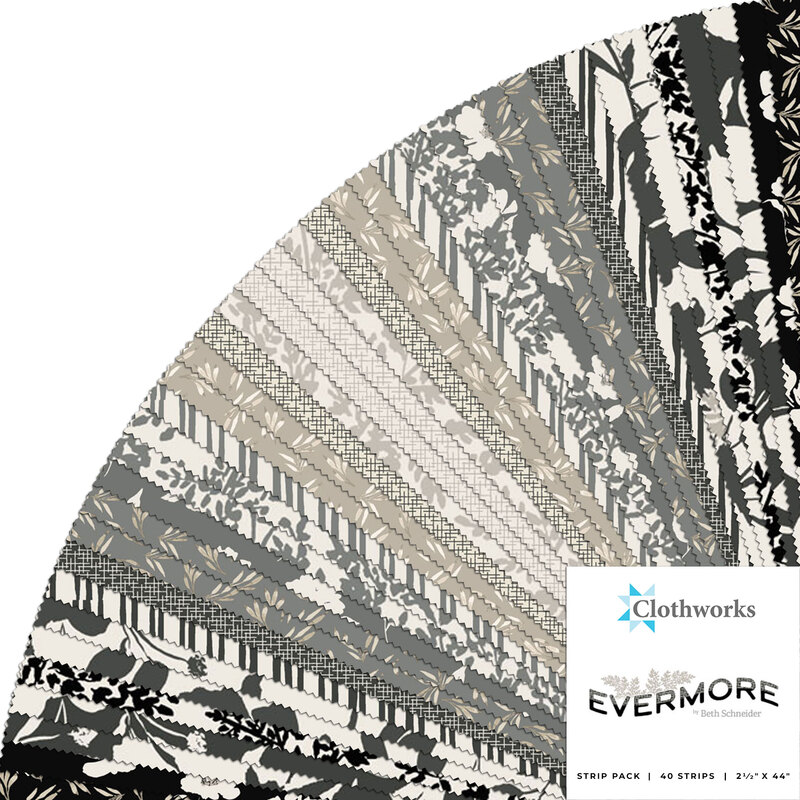 Collage of gray, cream, black, and white patterned fabrics included in the Evermore Collection.