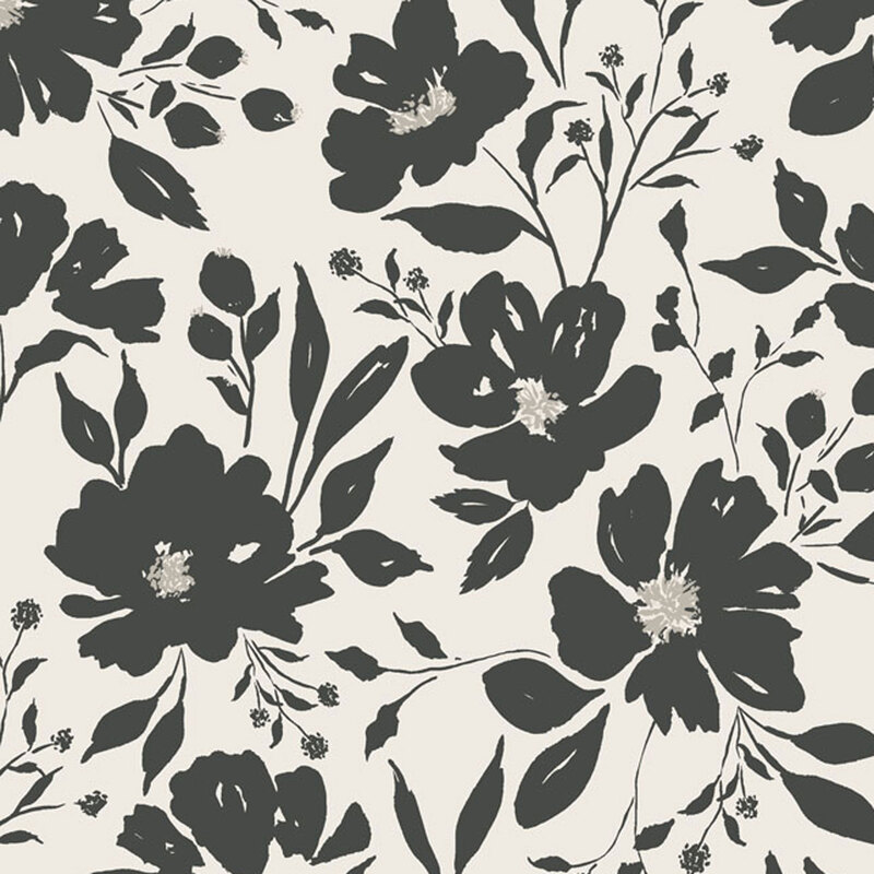 Cream-colored fabric patterned with black florals with gray accents.