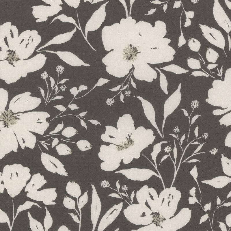 Black fabric patterned with white florals with gray accents.