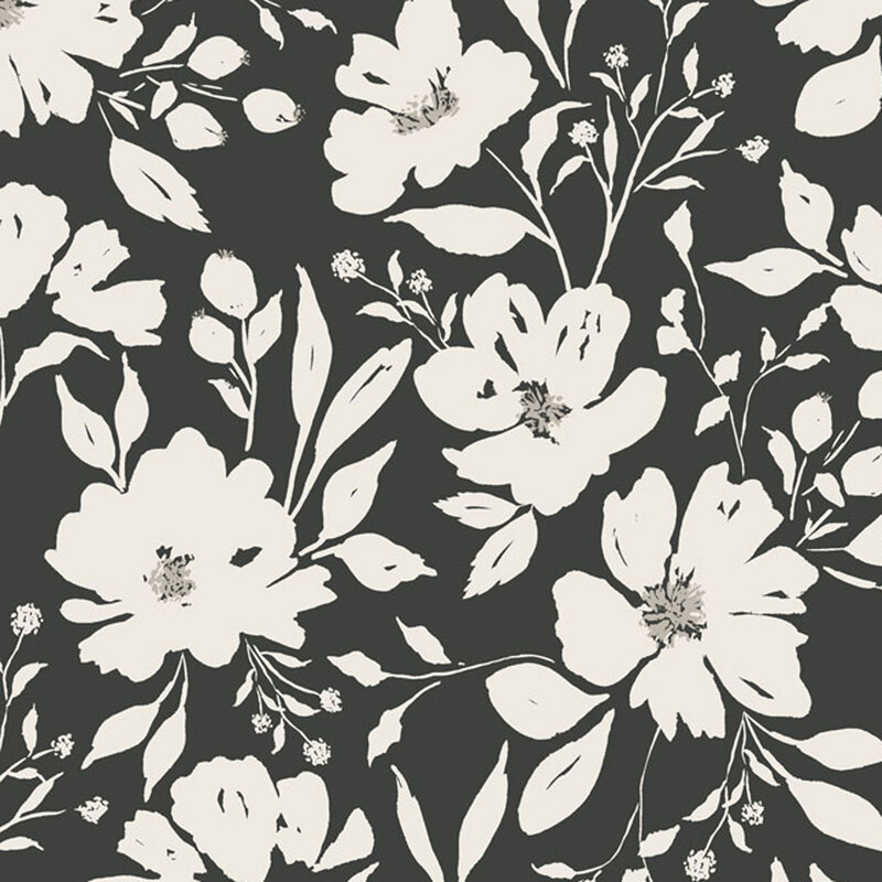 Black fabric patterned with white florals with gray accents.