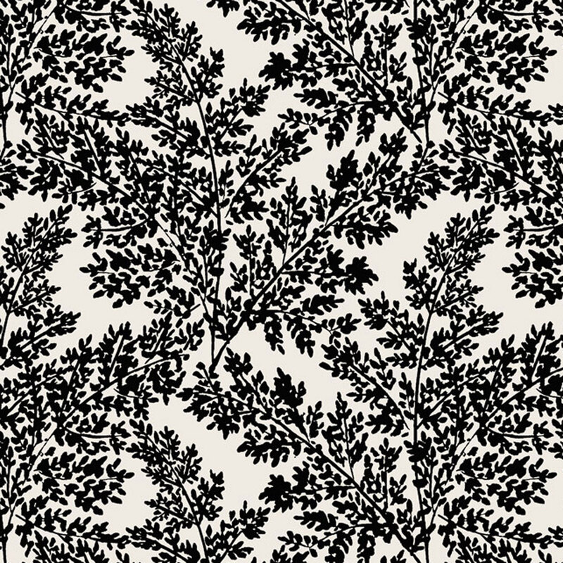 Cream-colored fabric patterned with black leafy branches.
