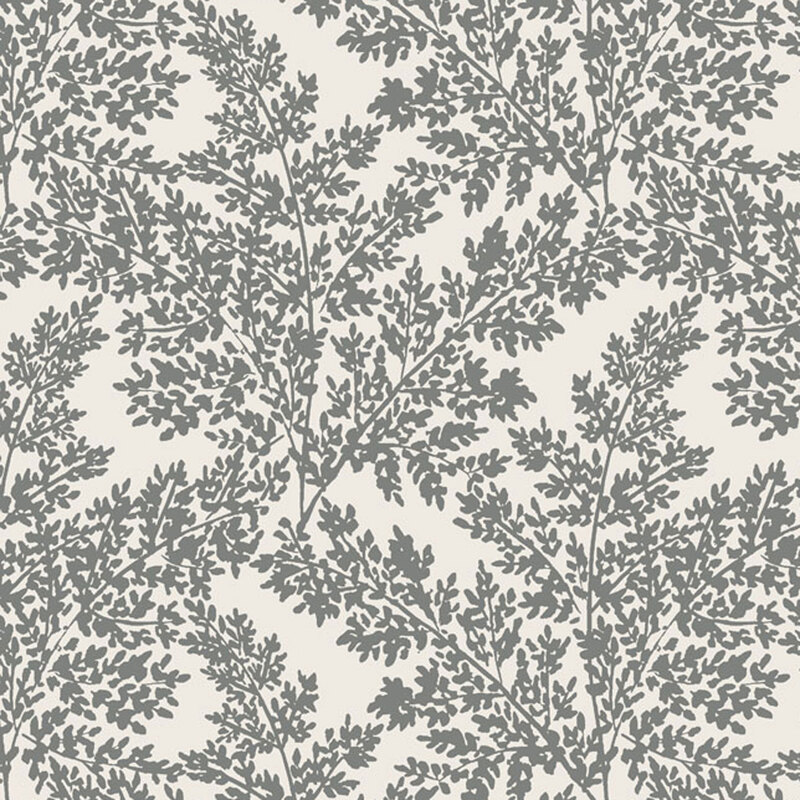Cream-colored fabric patterned with gray leafy branches.