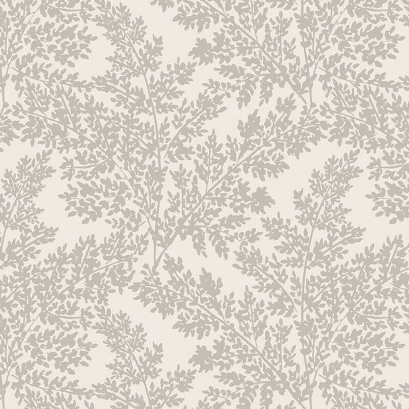 Cream-colored fabric patterned with taupe leafy branches.