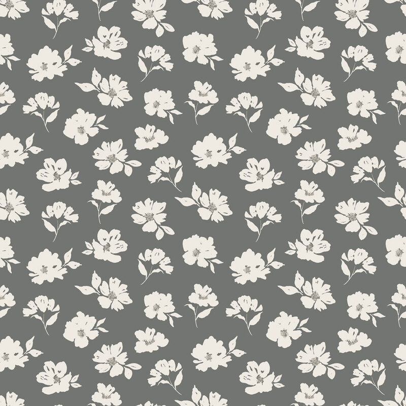 Gray fabric patterned with small white florals.