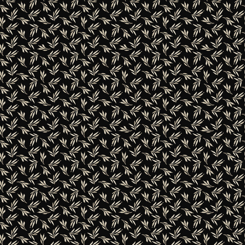 Black fabric patterned with small cream-colored leaflets.