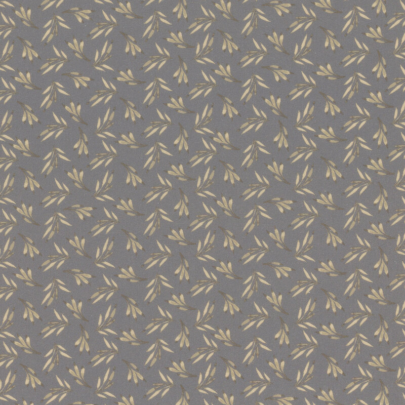 Gray fabric patterned with small cream-colored leaflets.