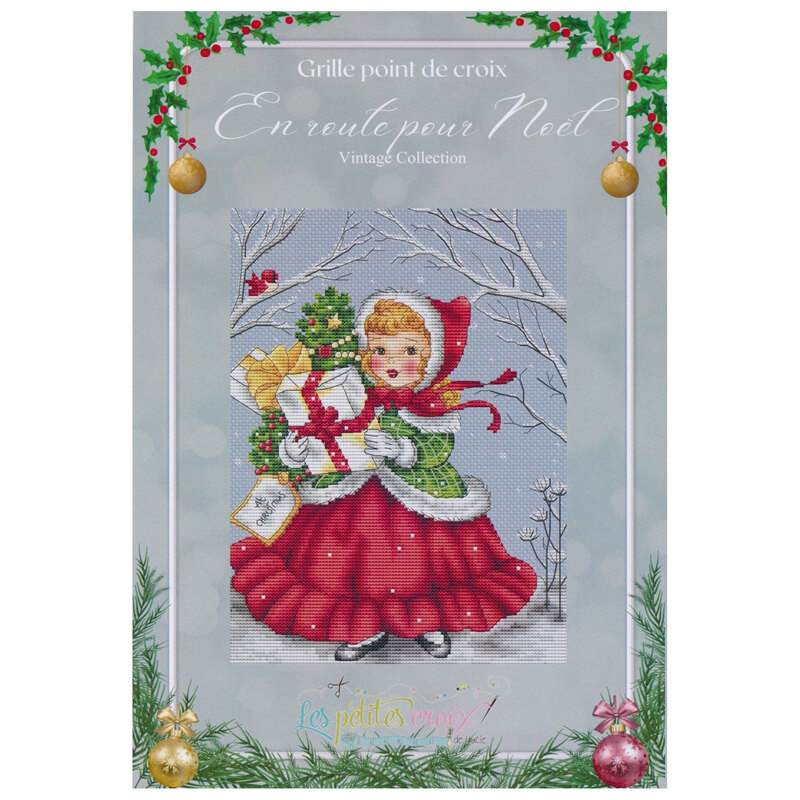 Front of pattern showing a digitized version of the finished project, featuring a wintery background with a girl holding presents and a tree