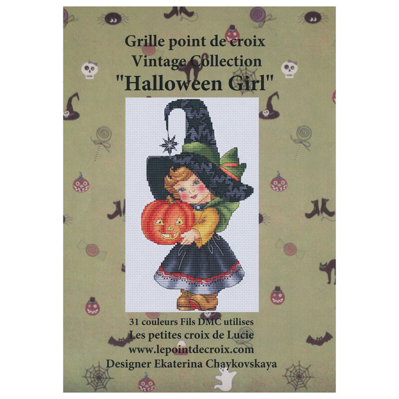 Front of pattern showing a digitized version of the finished project, featuring a girl in a witch costume holding a jack o' lantern