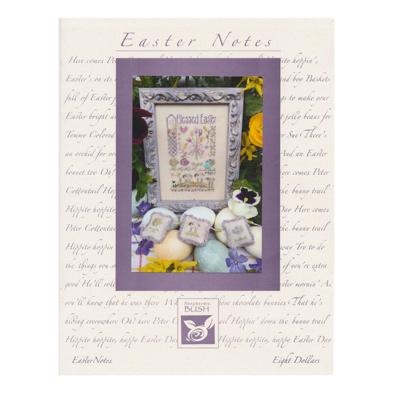 Picture of the easter notes cross stitch pattern, showing the finished piece in a frame featuring flowers, eggs, sheep, buttons, and easter sayings