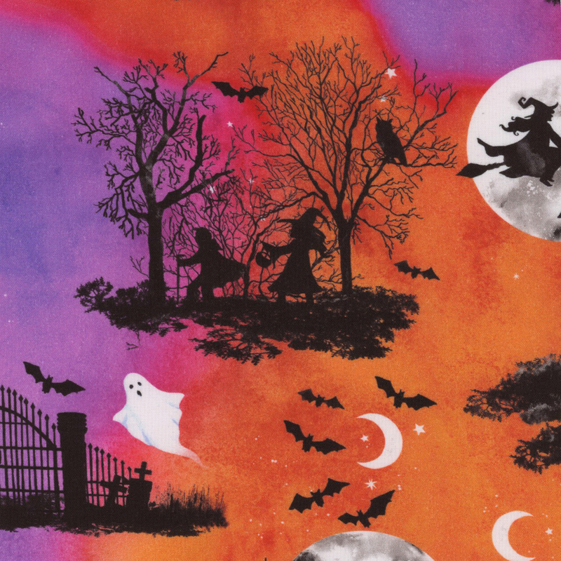 Mottled orange, purple, and pink fabric with scenes of haunted houses, witches, bats, and pumpkins.