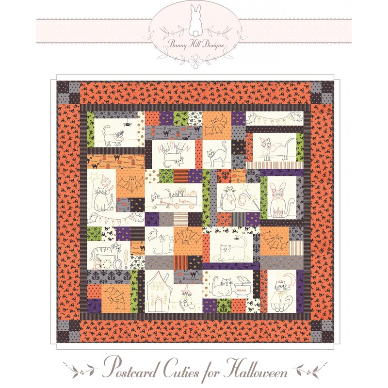 Front of the pattern showing the completed quilt in orange, cream, grey, black, green, and purple, with text graphics above and below.