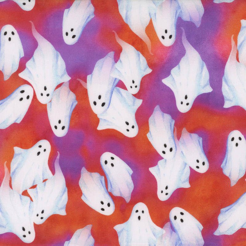 Mottled purple and orange fabric with little white ghosts all over.