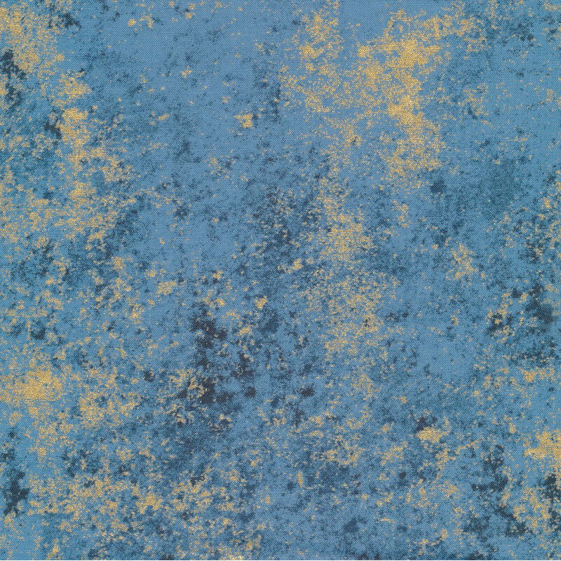 Blue fabric mottled with metallic gold accents.